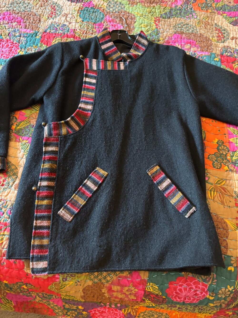 Unique Tibetan Black Yak Wool Felt Jacket with multi-colors from Nepal Small